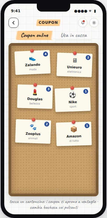 La bacheca di sughero dei coupon nell'app