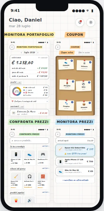 La home dell'app con le quattro sezioni