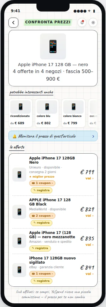 La scheda di un prodotto nel comparatore dell'app